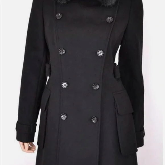 Karen Millen Double Breasted Black Winter Coat, Size 6 - Picture 3 of 4
